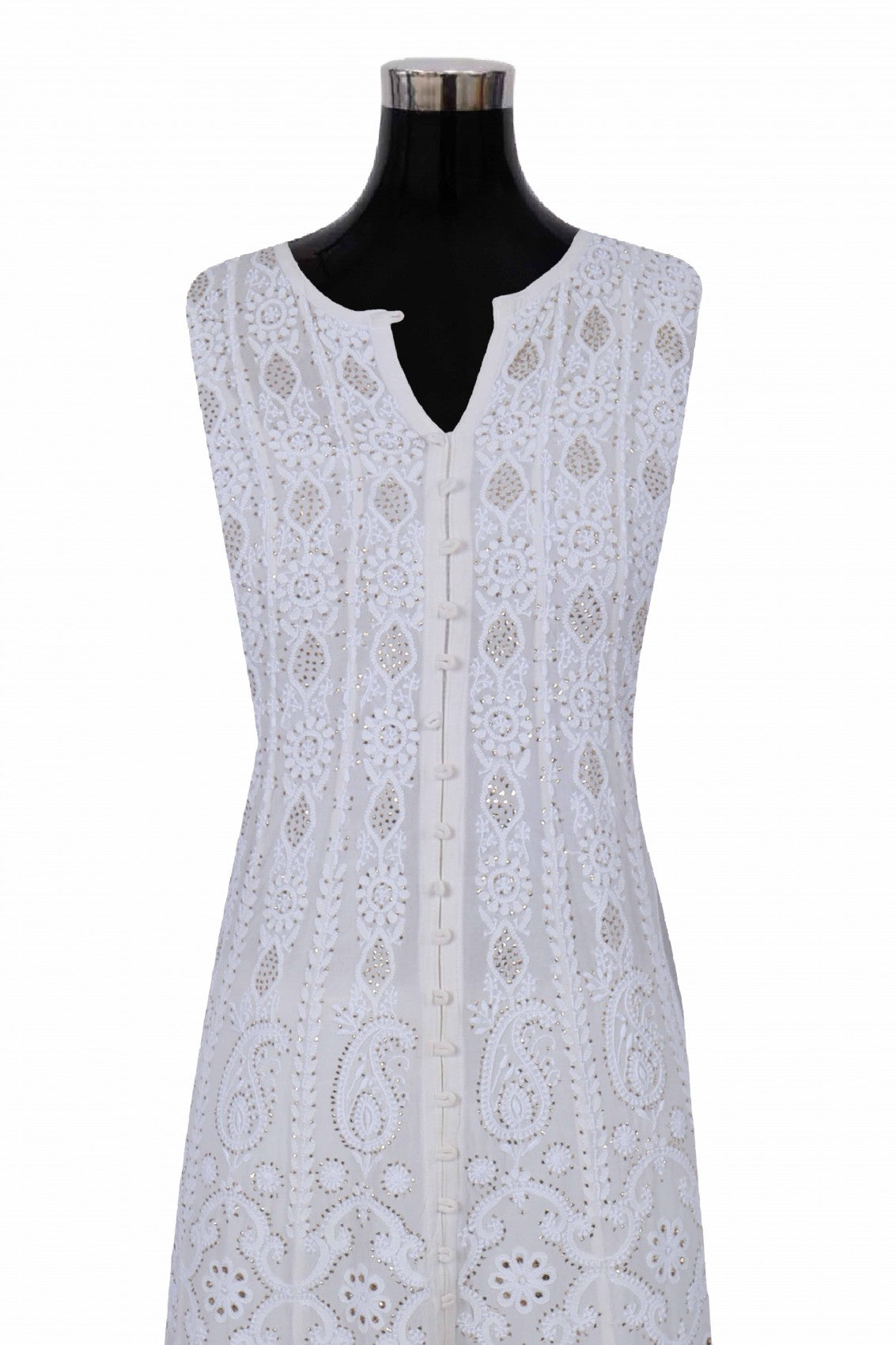 Ada Hand Embroidered Off White Pure Georgette Lucknowi Chikankari Semi-Stitched Anarkali Kurta Dupatta Set With Muqaish Work 01A132506