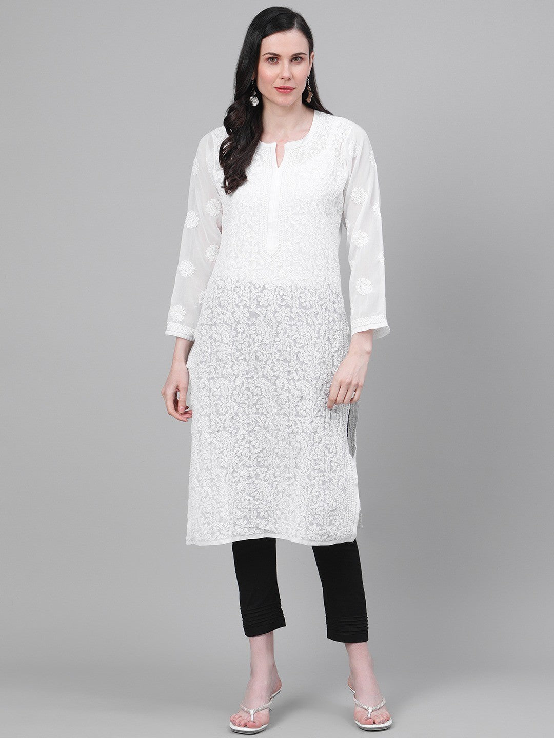 Ada Hand Embroidered White Georgette Lucknowi Chikankari Kurta Straight With Trouser Set A811146