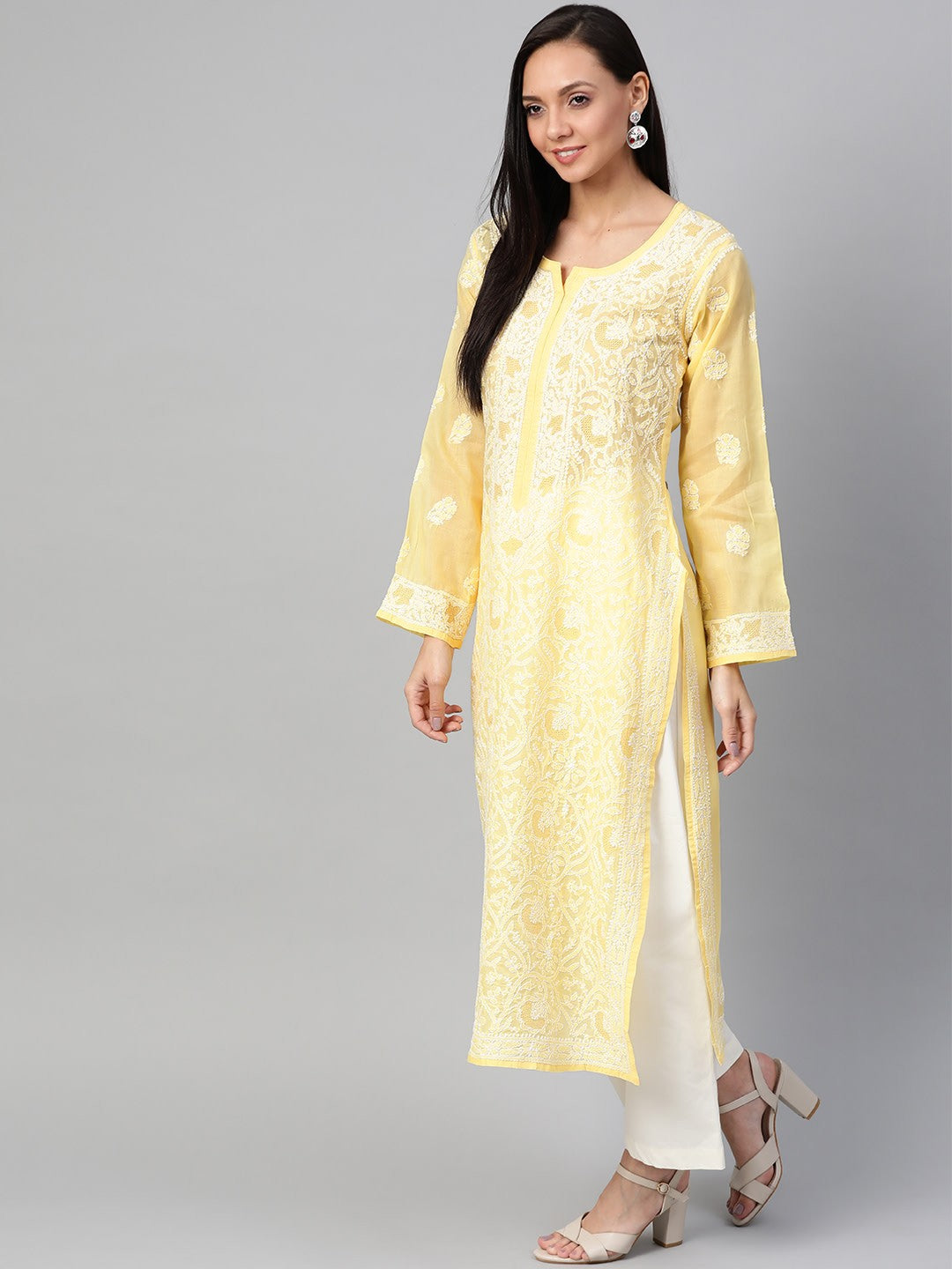 Ada Hand Embroidered Yellow Cotton Lucknowi Chikankari Straight Kurta A100538