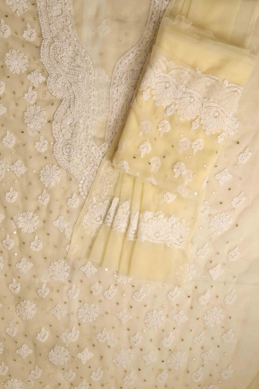 Ada Hand Embroidered Fawn Georgette Lucknowi Chikan Unstitched Suit Piece with Pearl & Sequinned Work A620849