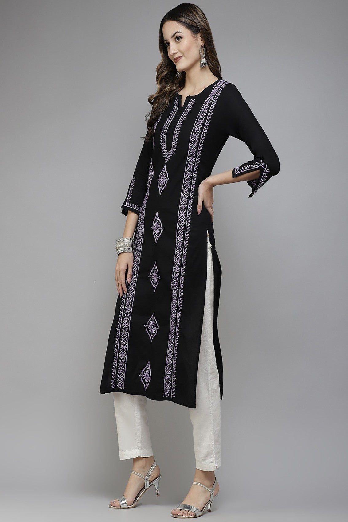 Ada Hand Embroidered Black Cotton Lucknowi Chikankari Straight Kurta A411394