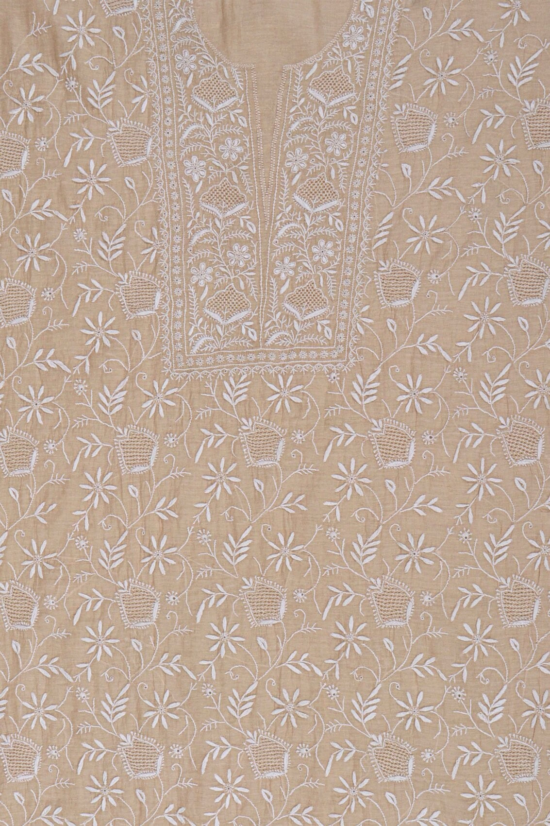 Ada Hand Embroidered Natural Fawn Tissue Lucknowi Chikankari Unstitched Kurta Dupatta Set 01A213418