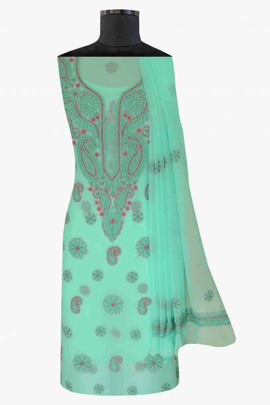 Ada Hand Embroidered Sea Green Georgette Lucknowi Chikan Unstitched Suit Piece A211186