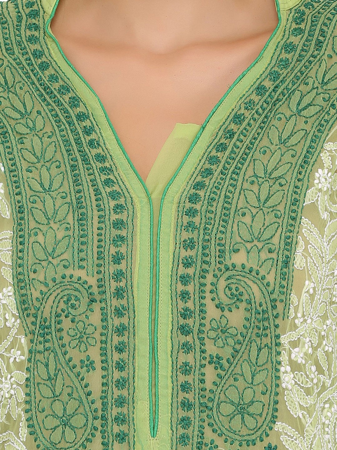 Ada Hand Embroidered Green Georgette Lucknow Chikan Kurti A274245