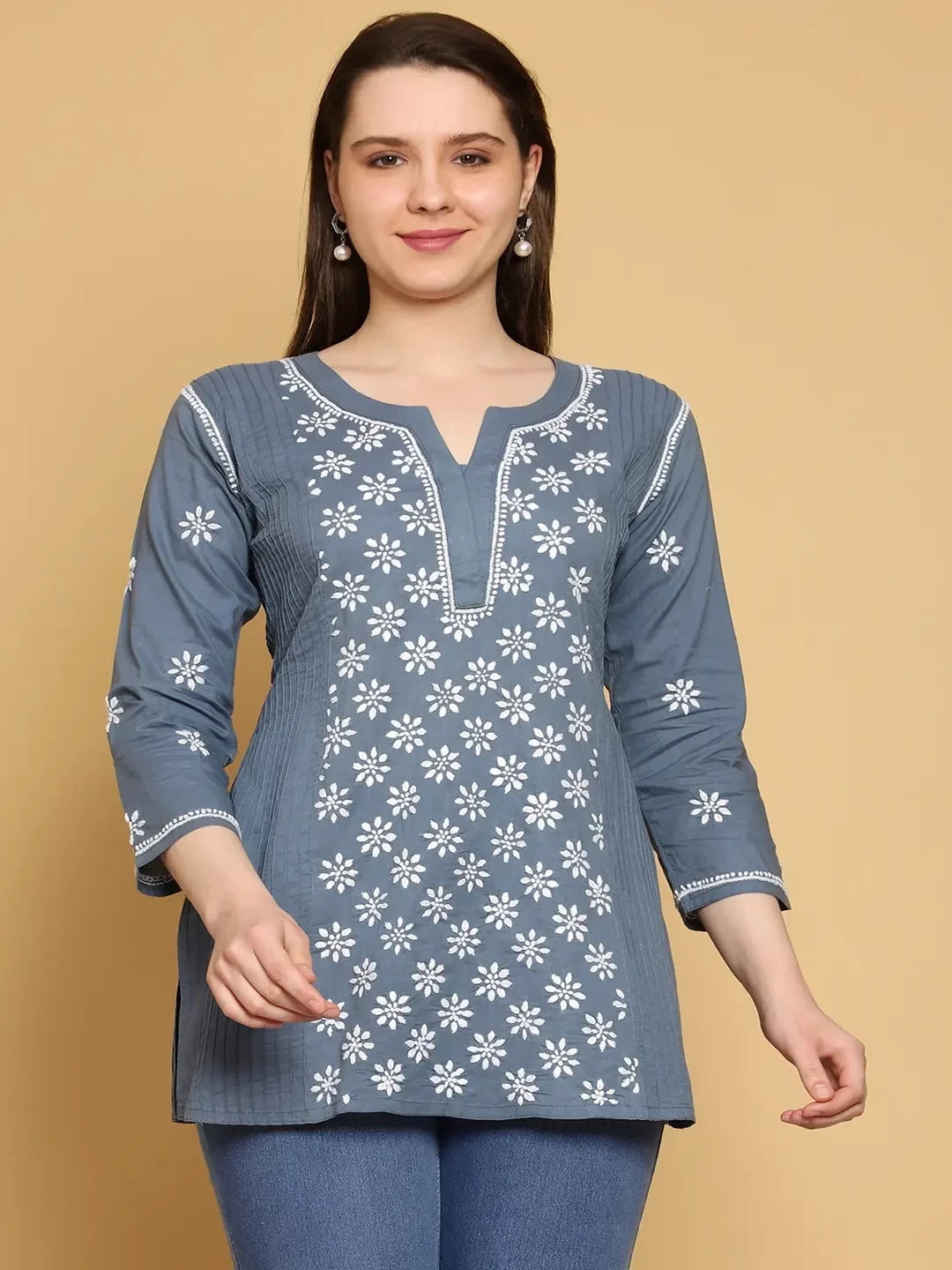 Ada Hand Embroidered Grey Cotton Lucknowi Chikankari Straight Kurti A911296