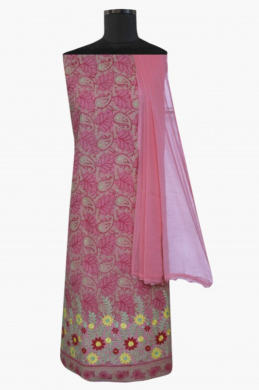 Ada Hand Embroidered Carrot Pink Cotton Lucknowi Chikan Unstitched Suit Piece–A100161