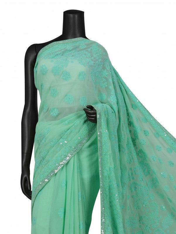 Ada Hand Embroidered Mint Green Georgette Lucknowi Chikankari Saree/Blouse With Pearl Work 01A138520