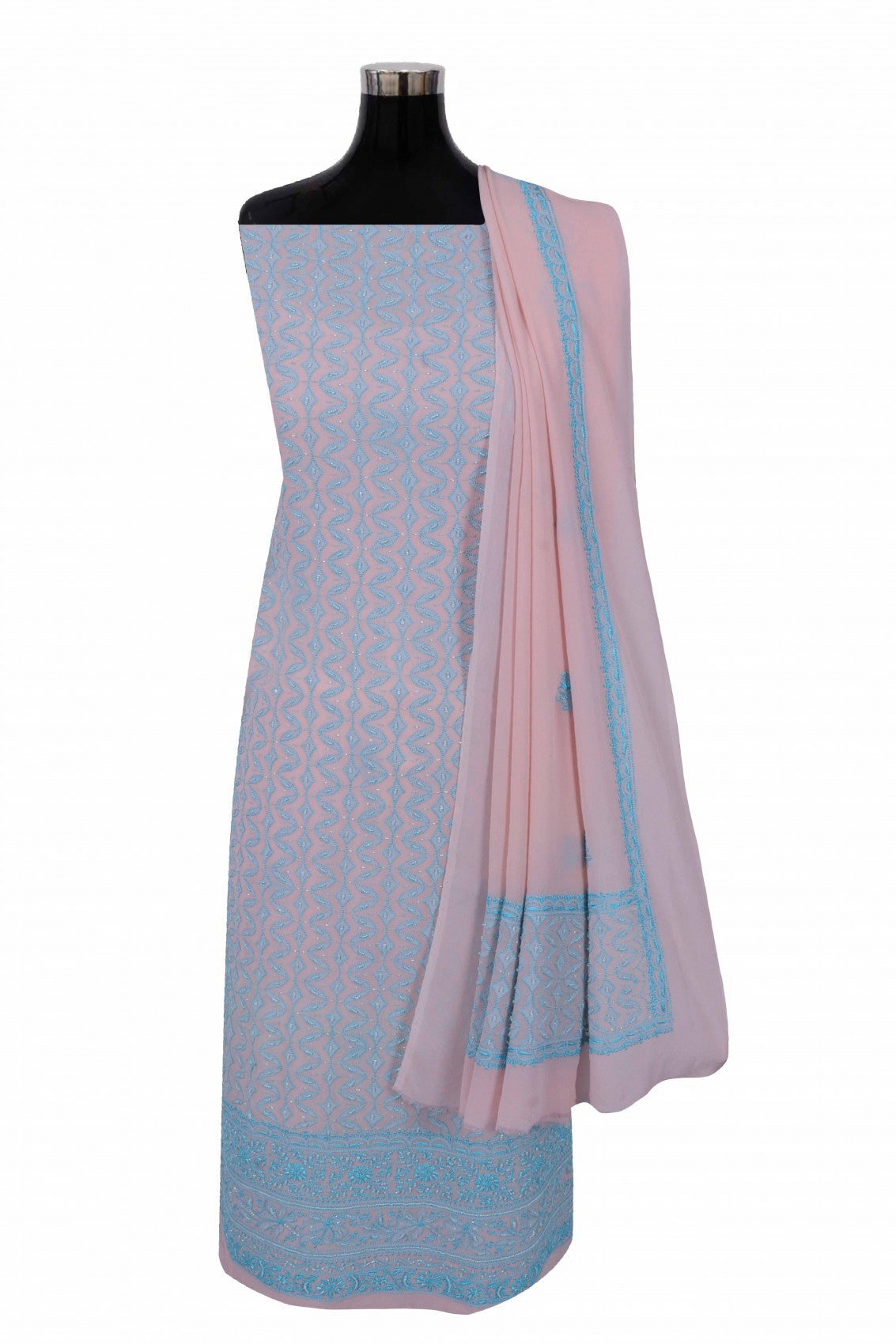 Ada Hand Embroidered Light Peach Pure Georgette Lucknowi Chikankari Unstitched Suit Piece With Pearl Work A222157