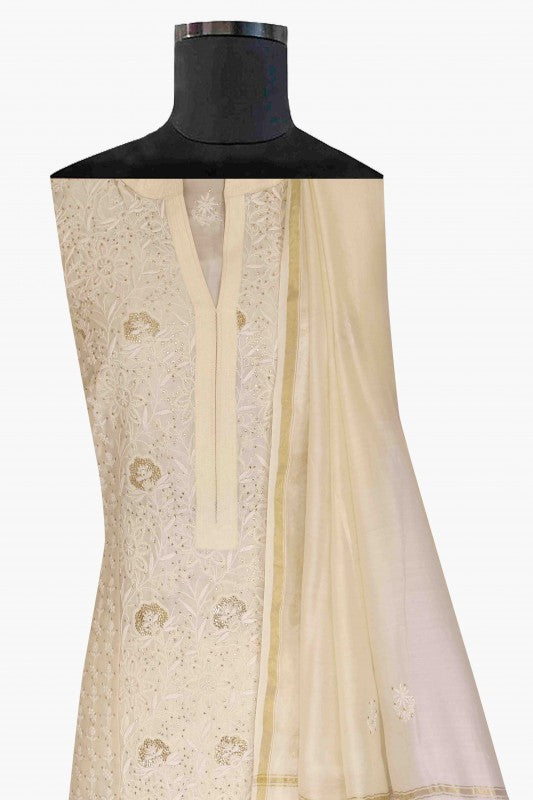 Ada Hand Embroidered Cream Chanderi Lucknowi Chikan Unstitched Kurta Dupatta Set-A595038