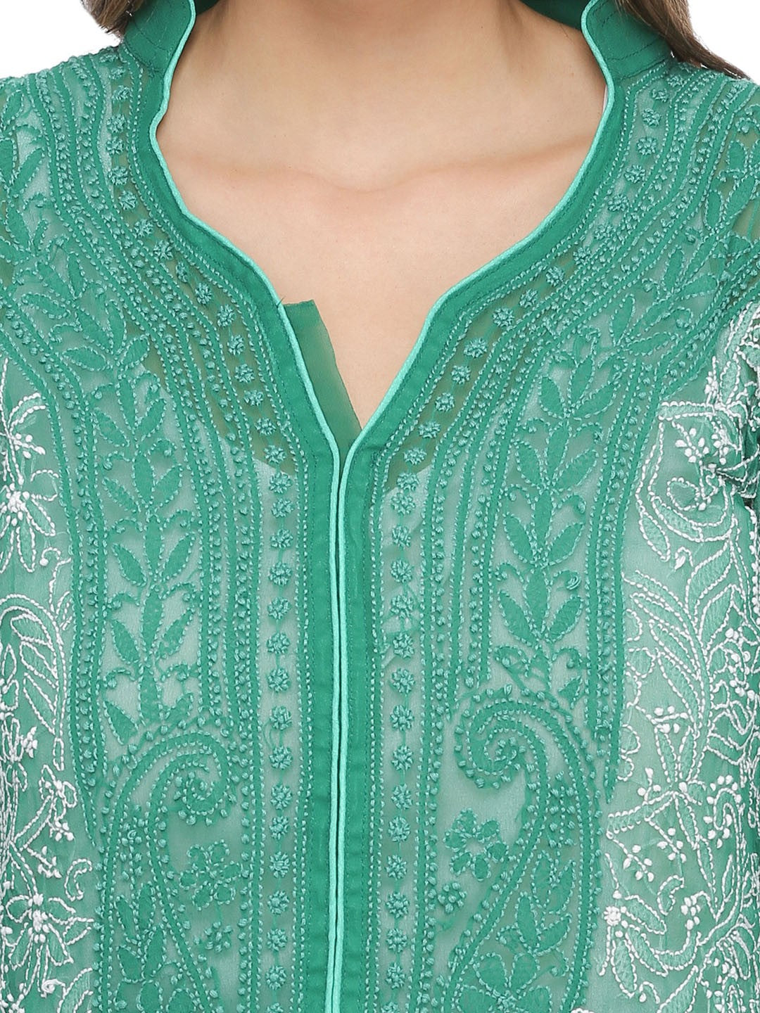 Ada Hand Embroidered Green Georgette Lucknowi Chikankari Straight Kurta A274243