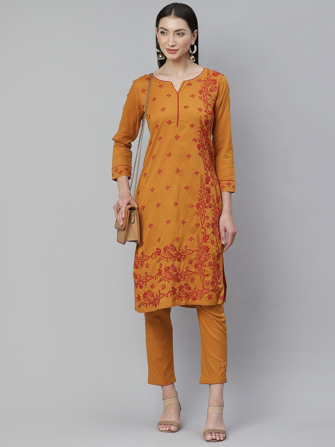 Ada Hand Embroidered Mustard Cotton Lucknowi Chikankari Straight Kurta With Trouser Set A811131