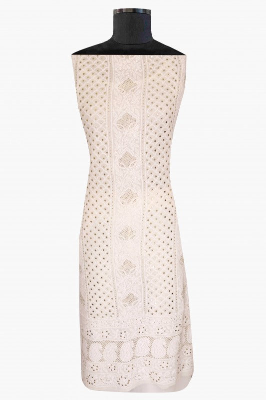 Ada Hand Embroidered White Pure Georgette Lucknowi Chikan Unstitched Kurta Dupatta With Muqaish Work–A560187