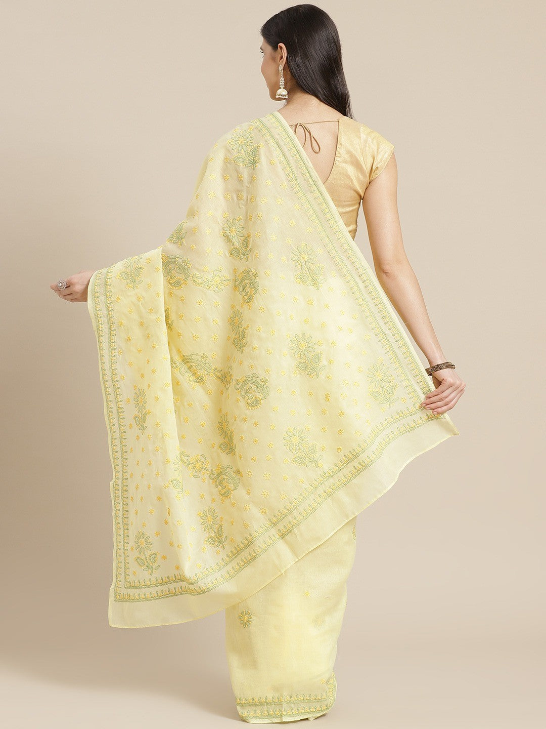 Ada Hand Embroidered Lemon Cotton Lucknow Chikan Saree With Blouse- A311314