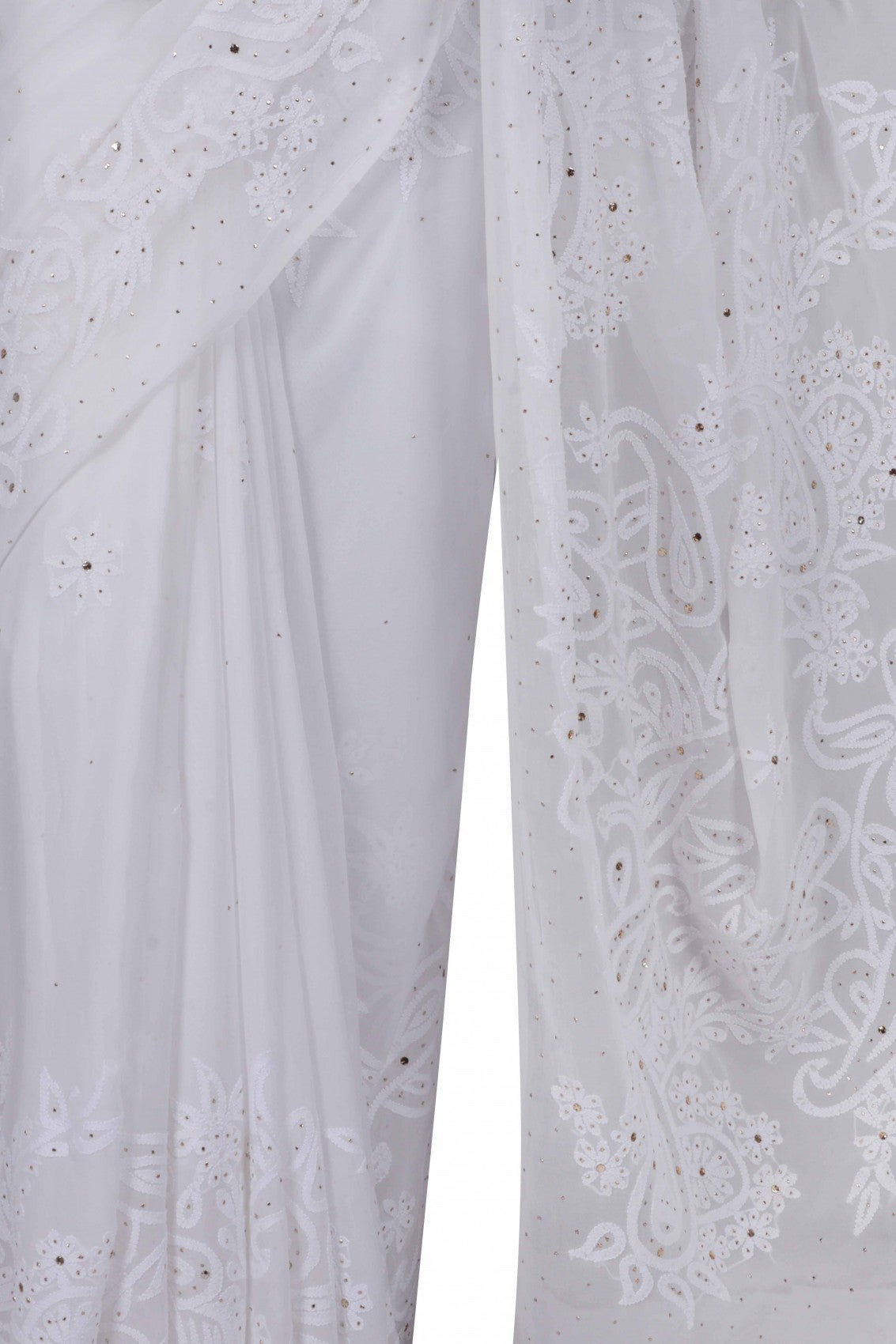 Ada Hand Embroidered White Georgette Lucknowi Chikankari Saree/Blouse With Muqaish Work 01A179414
