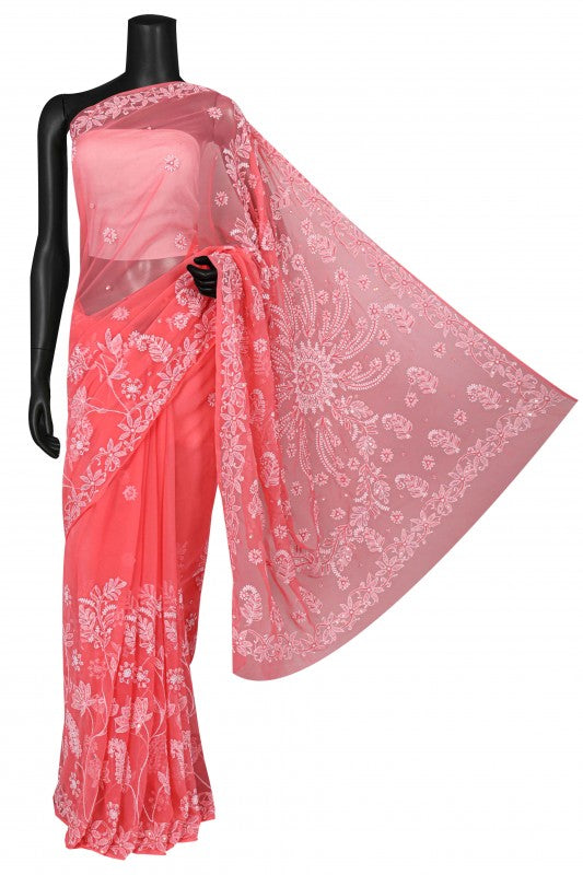 Ada Hand Embroidered Carrot Pink Georgette Lucknowi Chikankari Saree/Blouse With Pearl Work 01A194037