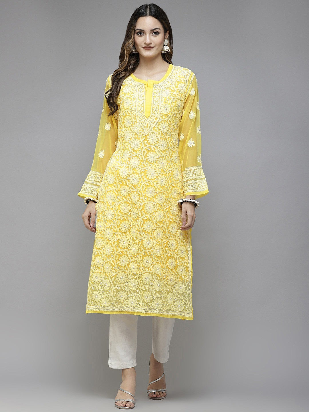 Ada Hand Embroidered Yellow Georgette Lucknowi Chikankari Straight Kurta With Slip A158875