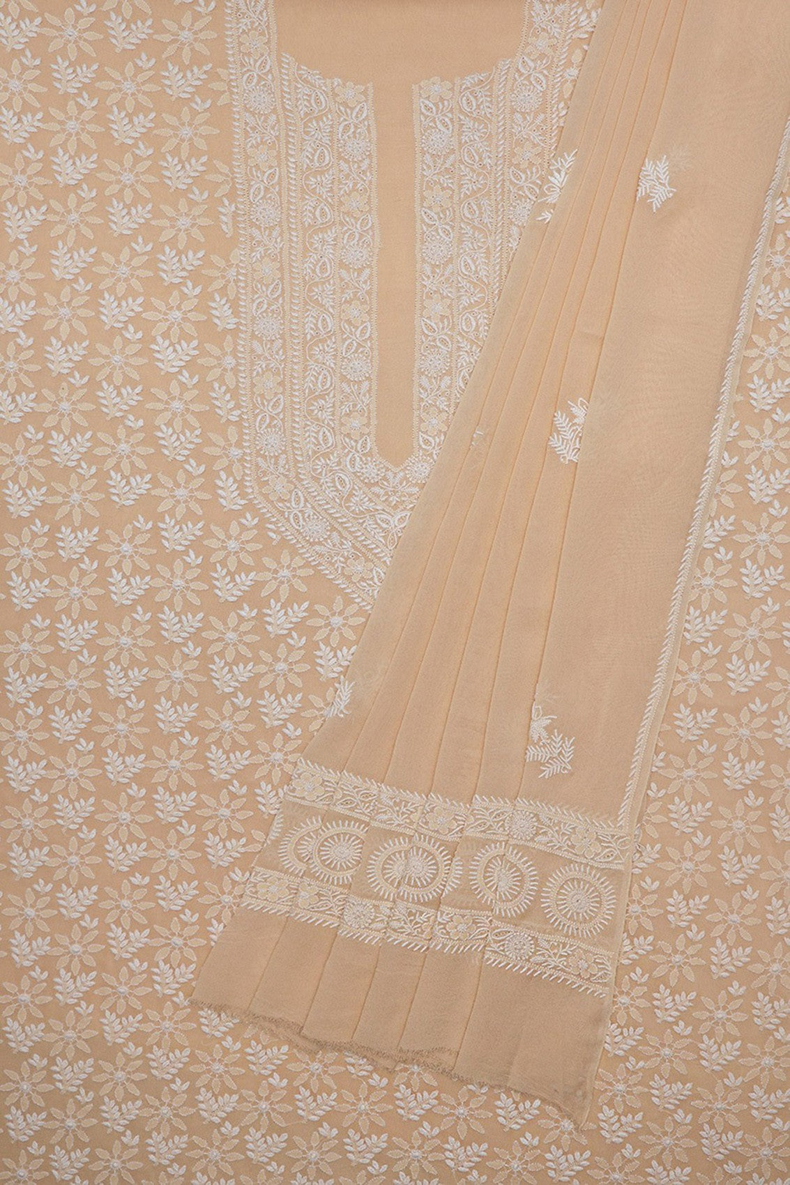 Ada Hand Embroidered Beige Pure Georgette Lucknowi Chikankari Unstitched Kurta Dupatta Set A1114