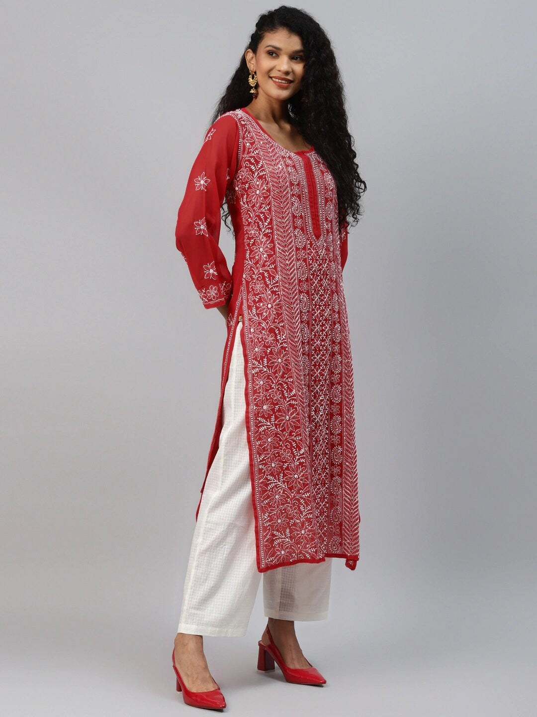 Ada Hand Embroidered Red Georgette Lucknow Chikankari Straight Kurta/Slip with Muqaish Work A411219