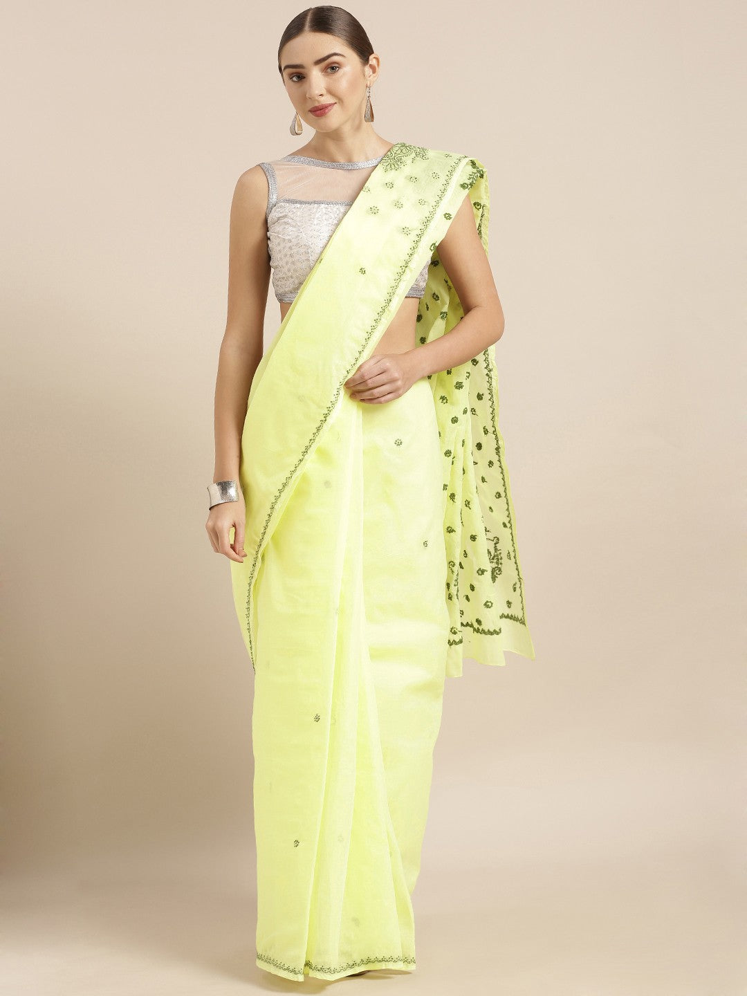 Ada Hand Embroidered Lemon Cotton Lucknow Chikan Saree with Blouse A408730