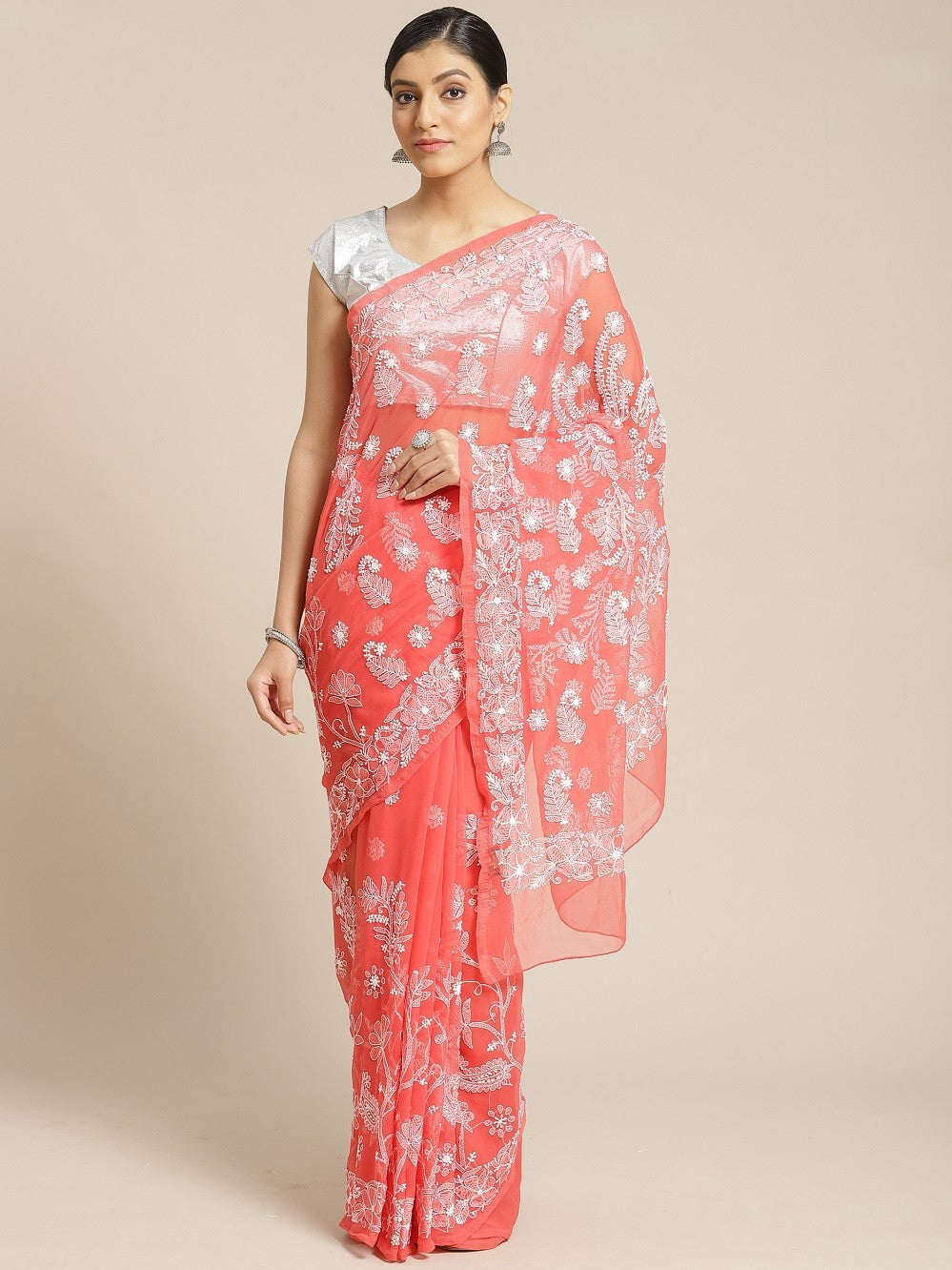 Ada Hand Embroidered Carrot Pink Goergette Lucknowi Chikankari Saree with Blouse A204916
