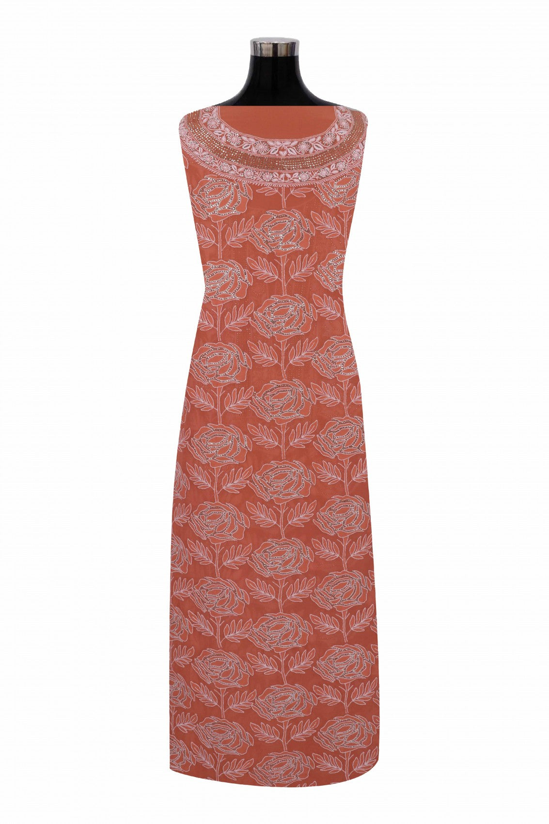 Ada Hand Embroidered Rust Pure Georgette Lucknowi Chikankari Unstitched Suit Piece With Muqaish Work A561330