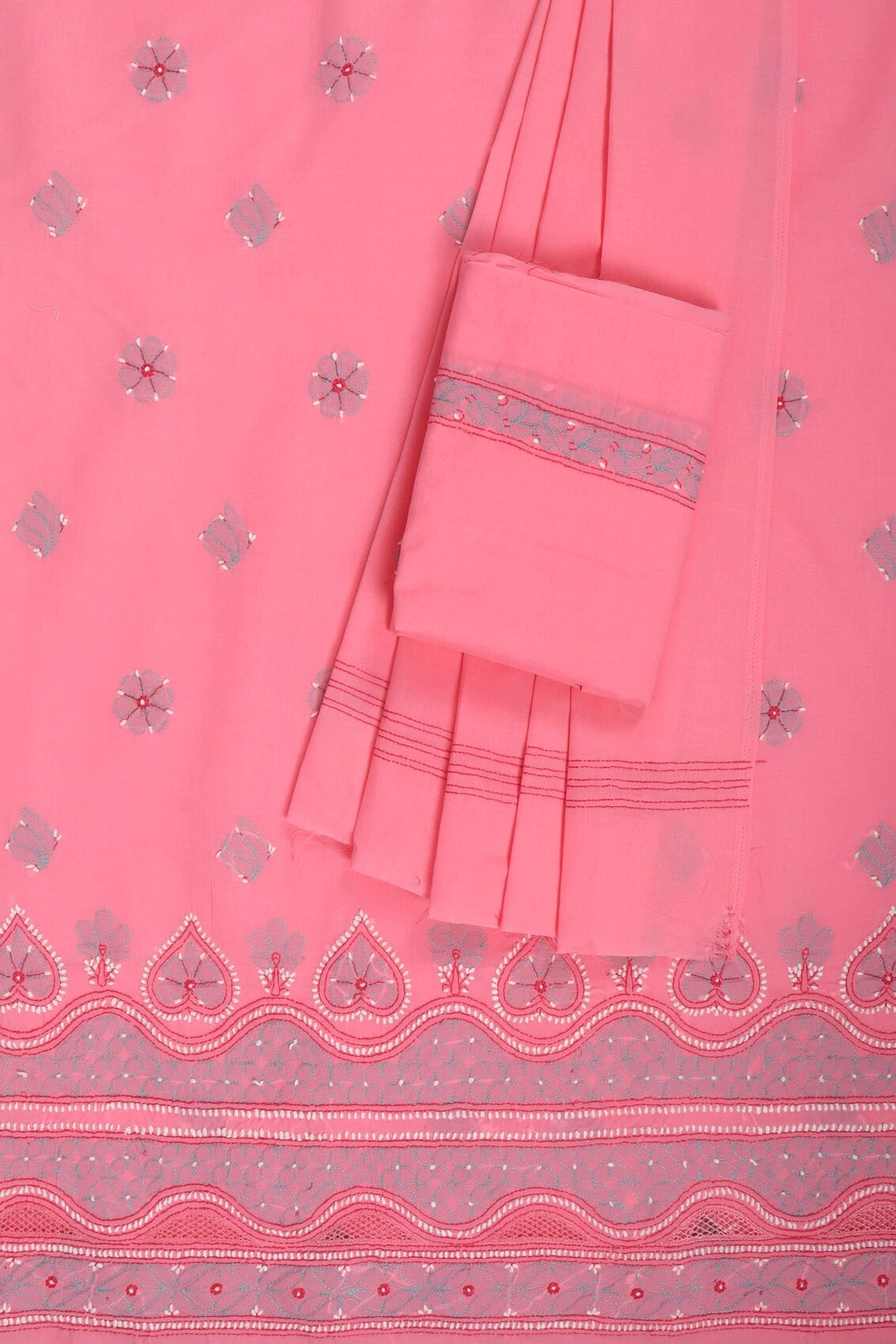 Ada Hand Embroidered Coral Pink Cotton Lucknowi Chikankari Unstitched Suit Piece 01A202426