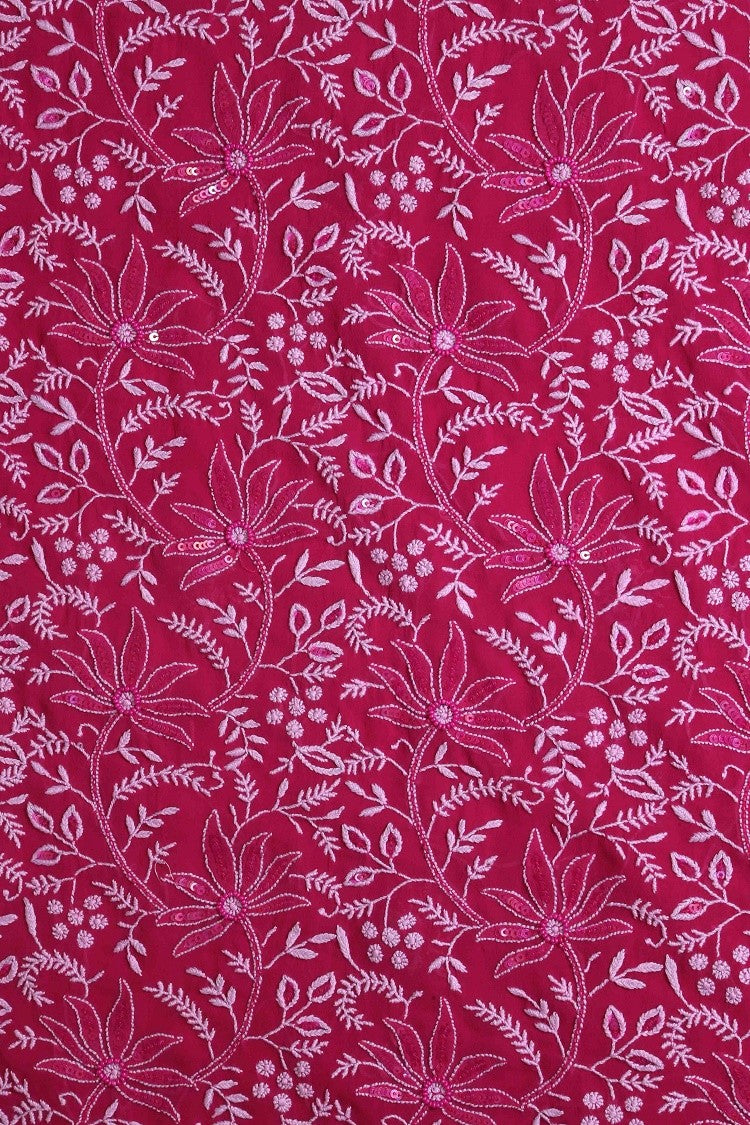 Ada Hand Embroidered Magenta Pure Georgette Lucknowi Chikan Unstitched Kurta Dupatta Set with Pearl Work A604158