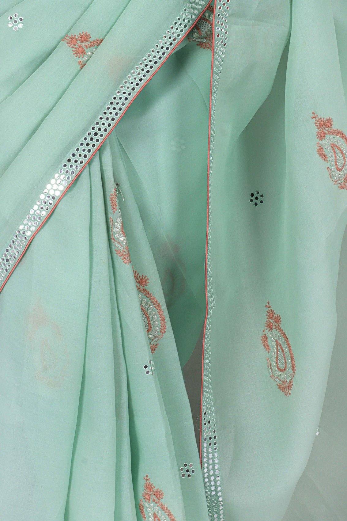 Ada Hand Embroidered Tea Green Organza Lucknowi Chikankari Saree/Blouse With Mirror Work A600720