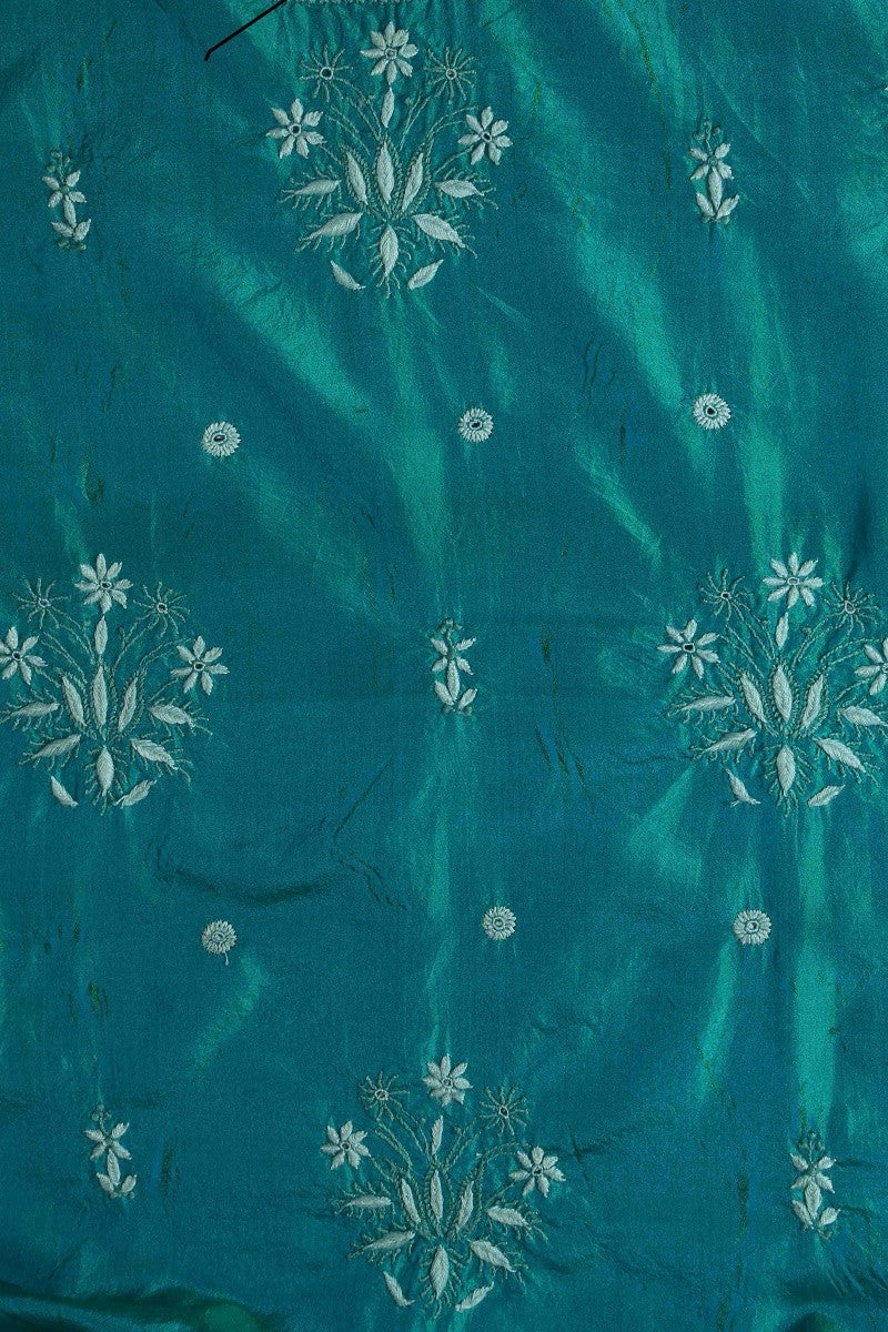 Ada Hand Embroidered Teal Blue Tusser Silk Lucknowi Chikan Semi-Stitched Kurta Piece - A631956