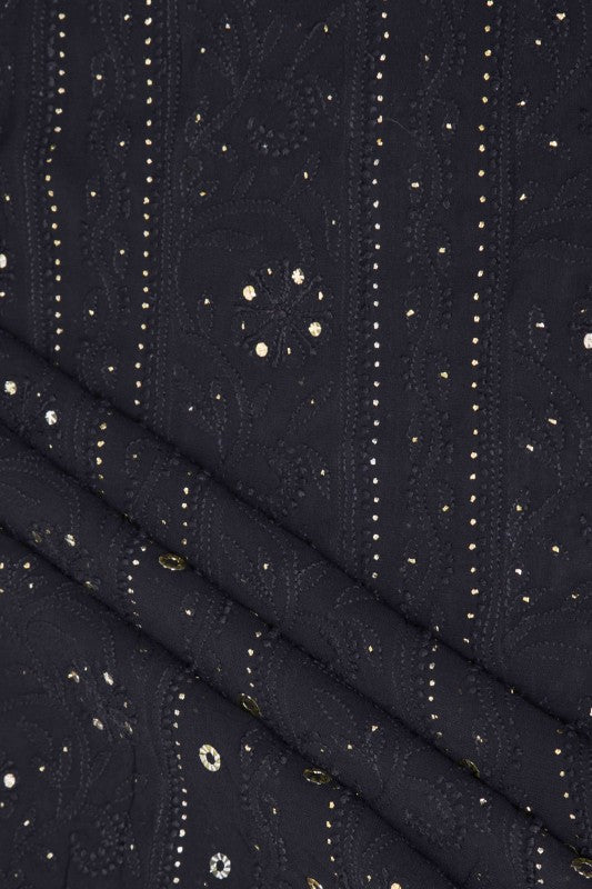 Ada Hand Embroidered Black Georgette Lucknowi Chikankari Semi-stitched Anarkali Kurta Dupatta With Muqaish Work – A571878