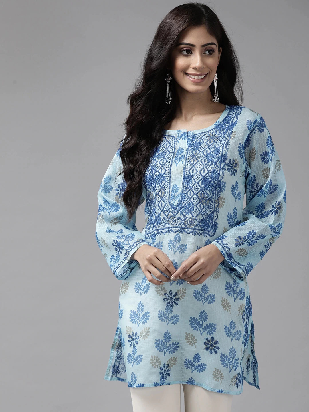 ADA Hand Embroidered Blue Kota Lucknowi Chikankari Kurti A911144