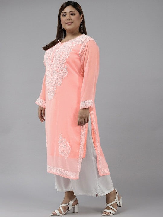 Ada Hand Embroidered Peach Georgette Lucknow Chikan Straight Kurta with Slip A411360