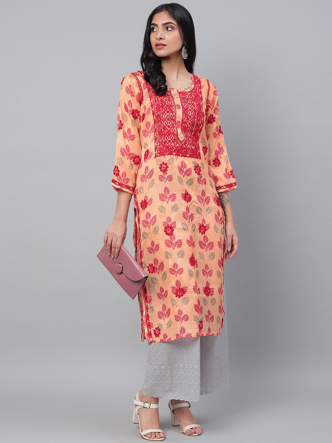Ada Hand Embroidered Peach Kota Lucknowi Chikankari Straight Kurta A100582