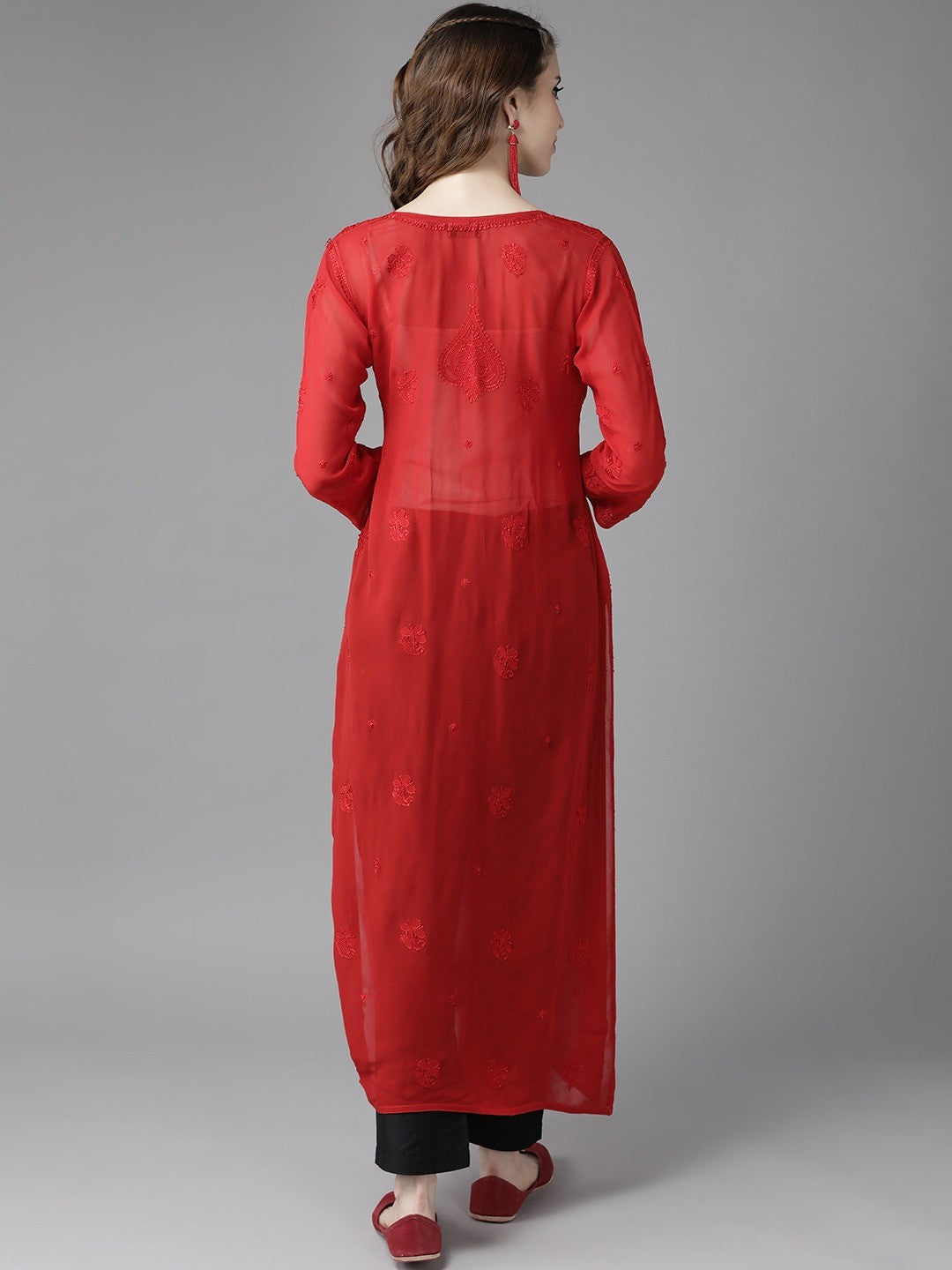 Ada Hand Embroidered Red Georgette Lucknowi Chikan Straight Kurta A411184