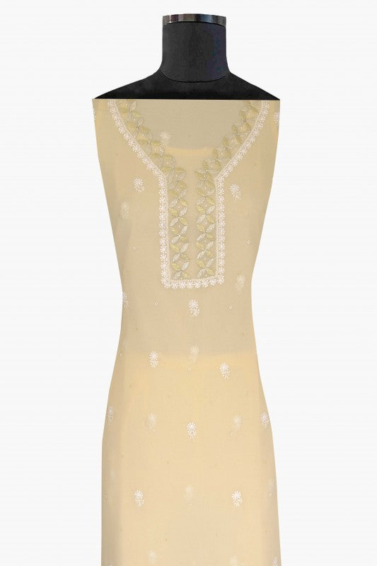 Ada Hand Embroidered Cream Chiffon Lucknowi Chikankari Unstitched Kurta Piece With Gota Patti Work A166470