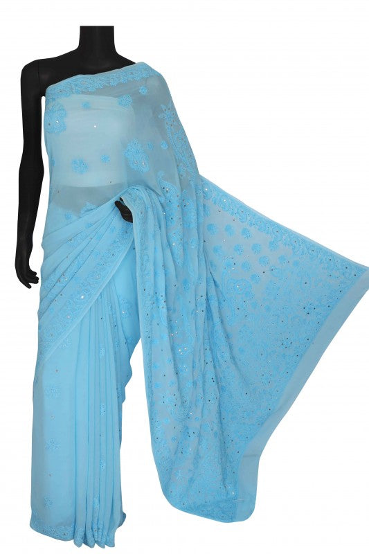 Ada Hand Embroidered Blue Georgette Lucknowi Chikankari Saree/Blouse With Muqaish Work A619744