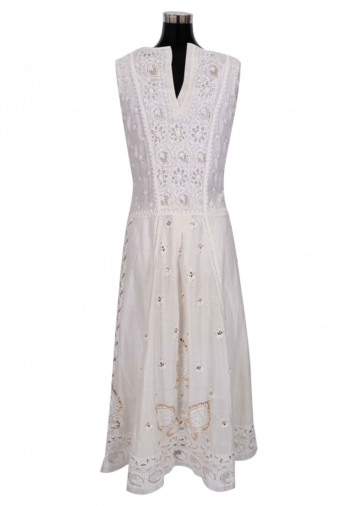Ada Hand Embroidered Off White Chanderi Lucknowi Chikankari Semi Stitched Anarkali Kurta Dupatta Set With Muqaish Work 01A107812