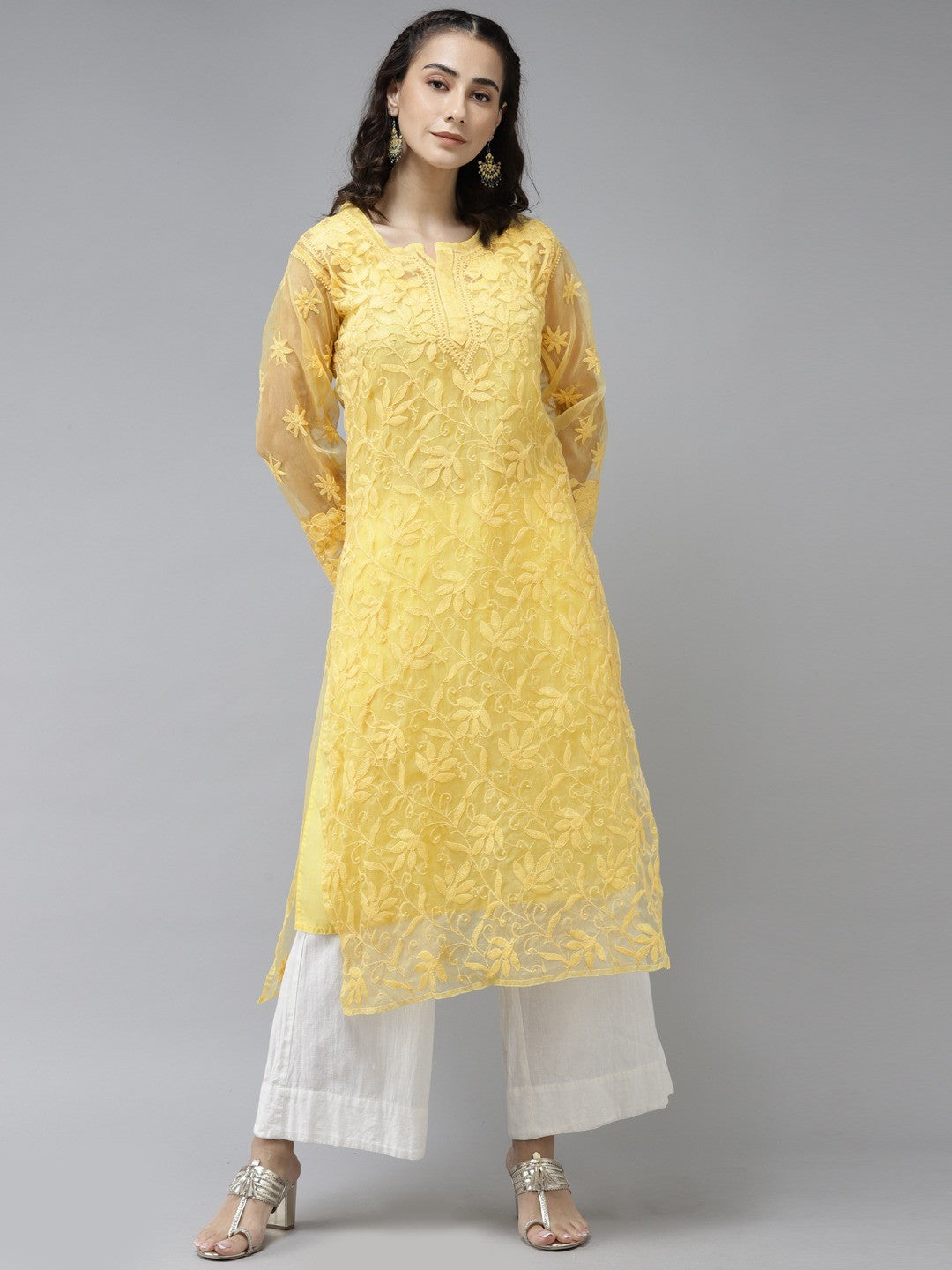 Ada Hand Embroidered Yellow Organza Lucknowi Chikankari Straight Kurta With Slip A411239