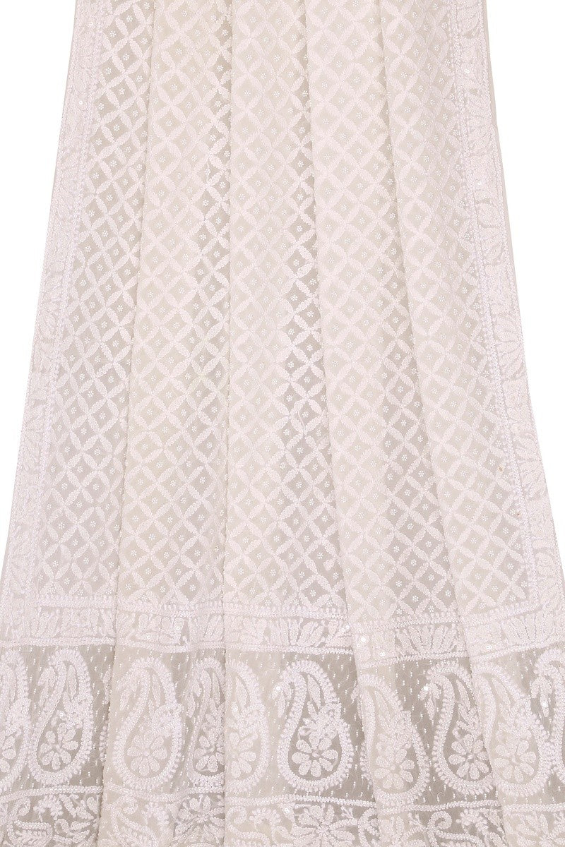 Ada Hand Embroidered White Pure Georgette Lucknowi Chikankari Dupatta With Pearl & Sequinned Work-A619815