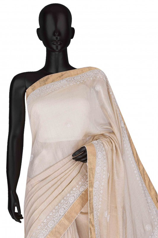 Ada Hand Embroidered Natural Beige Tissue Lucknowi Chikankari Saree With Blouse-A615148