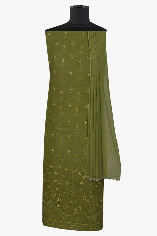 Ada Hand Embroidered Green Cotton Lucknowi Chikan Unstitched Suit Piece–A100250
