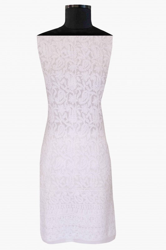 Ada Hand Embroidered White Georgette Chikan Unstitched Kurta Piece A587449