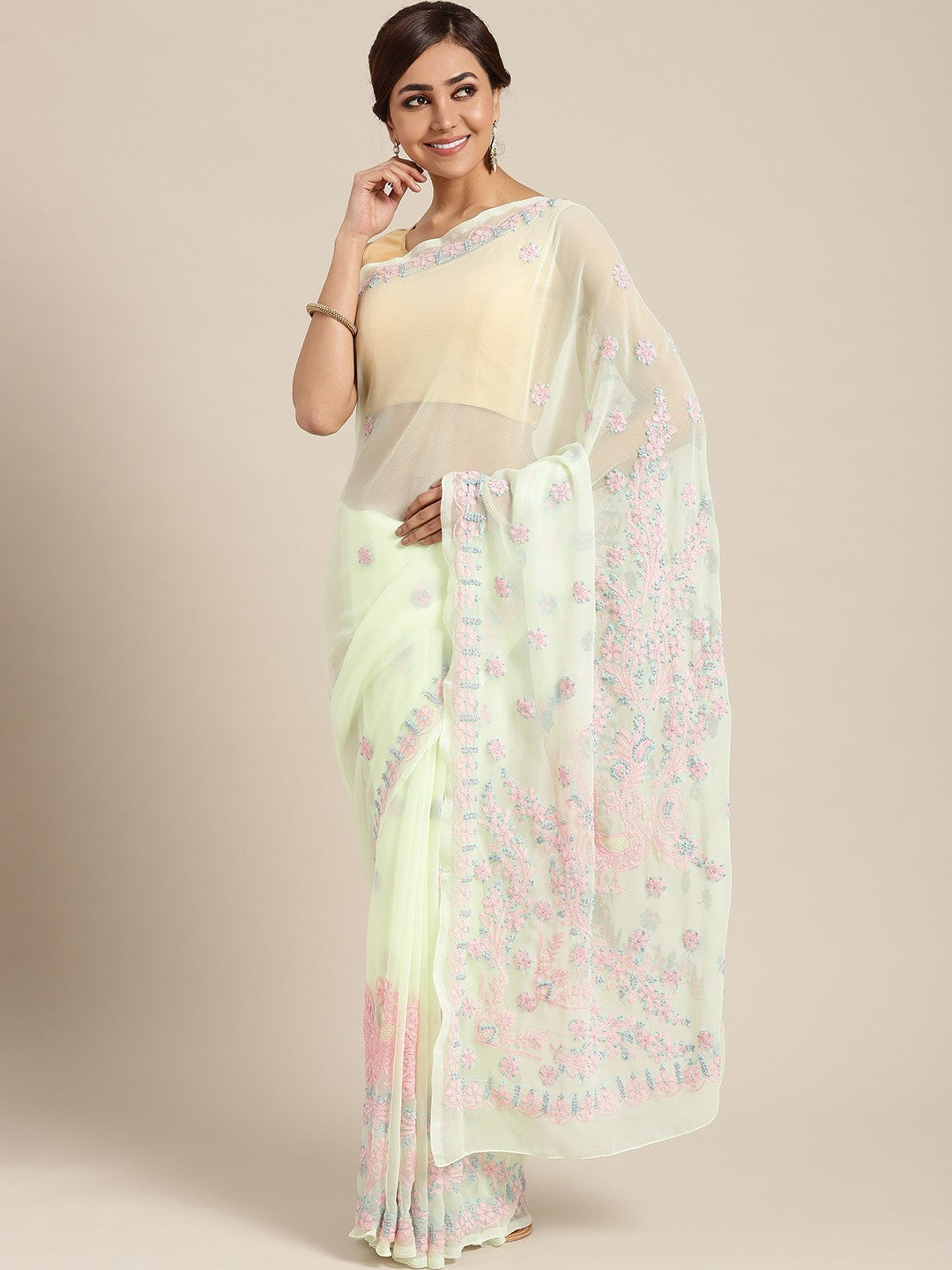 Ada Hand Embroidered Lemon Georgette Lucknow Chikan Saree With Blouse-A100062