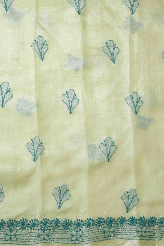 Ada Hand Embroidered Lemon Silk Lucknowi Chikan Unstitched Kurta Dupatta Set A581109