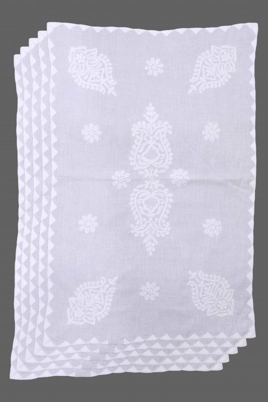 Ada Hand Embroidered White Cotton Lucknowi Chikankari Dining Table Cover Set-A96922