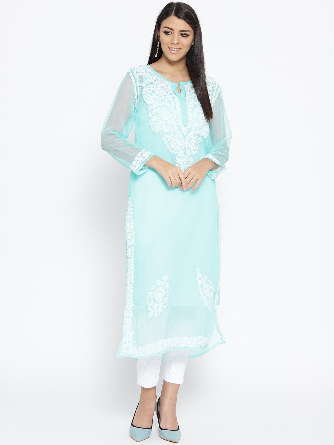 Ada Hand Embroidered Blue Faux Georgette Lucknowi Chikankari Kurta Set With Slip A100045