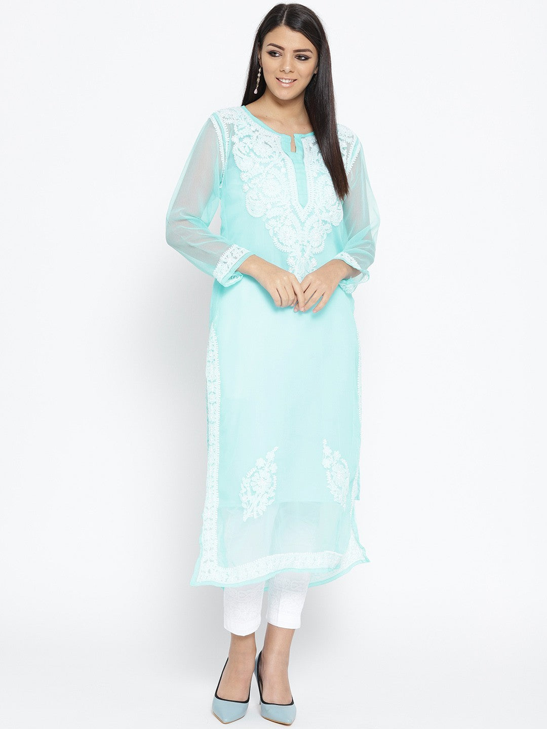 Ada Hand Embroidered Blue Faux Georgette Lucknowi Chikankari Kurta Set With Slip A100045
