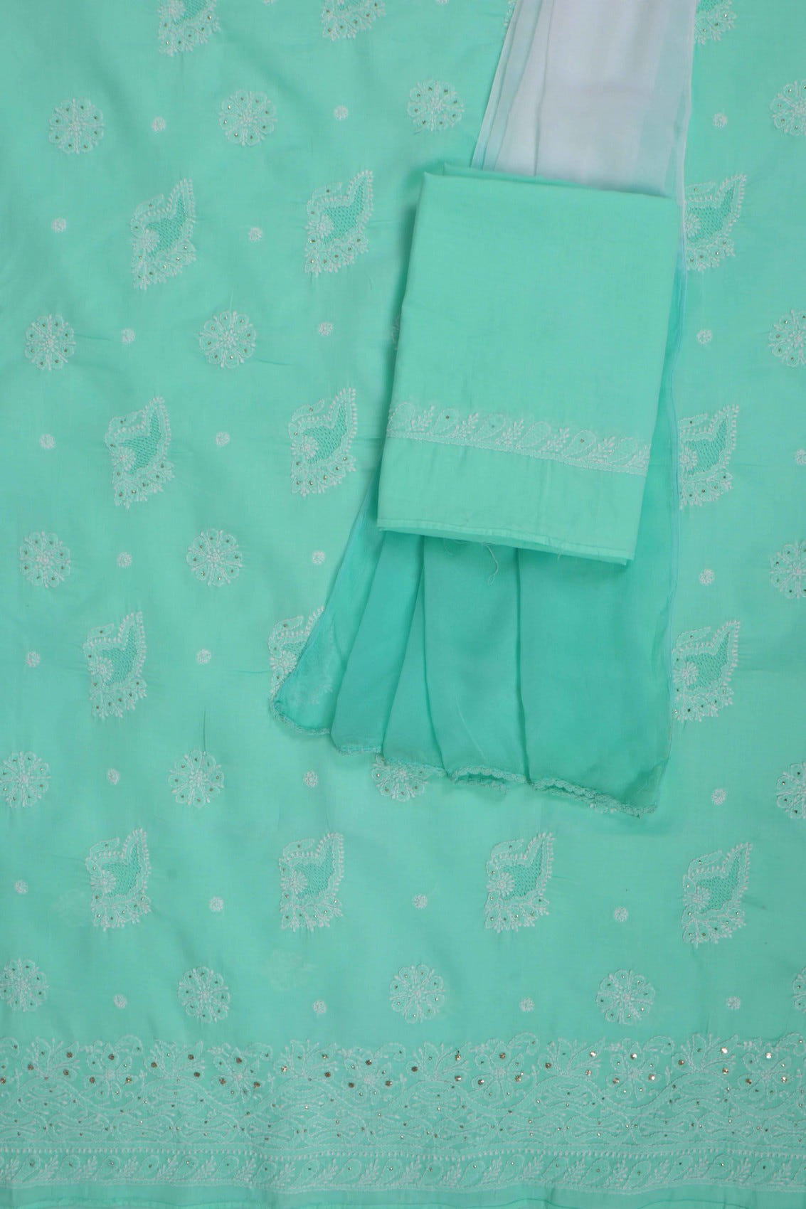 Ada Hand Embroidered Sea Green Cotton Lucknowi Chikankari Unstitched Suit Piece With Muqaish Work 01A204406