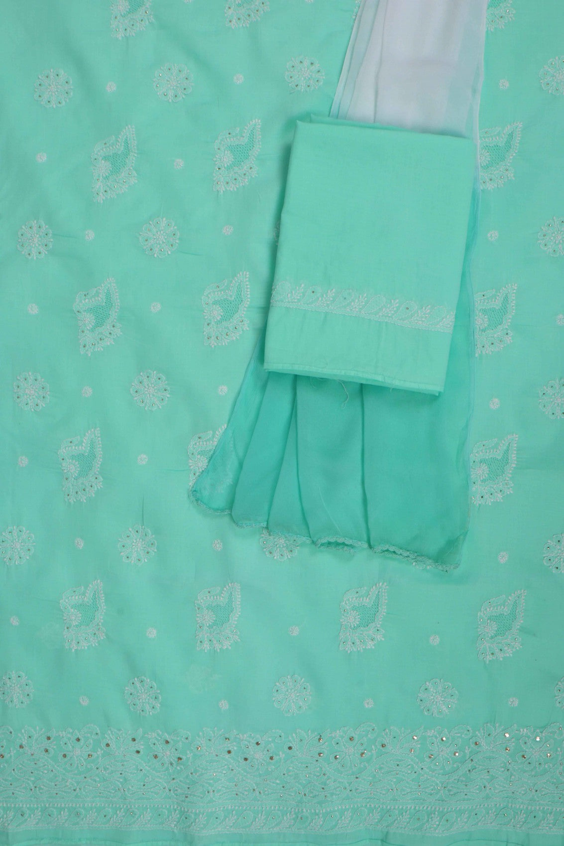 Ada Hand Embroidered Sea Green Cotton Lucknowi Chikankari Unstitched Suit Piece With Muqaish Work 01A204406