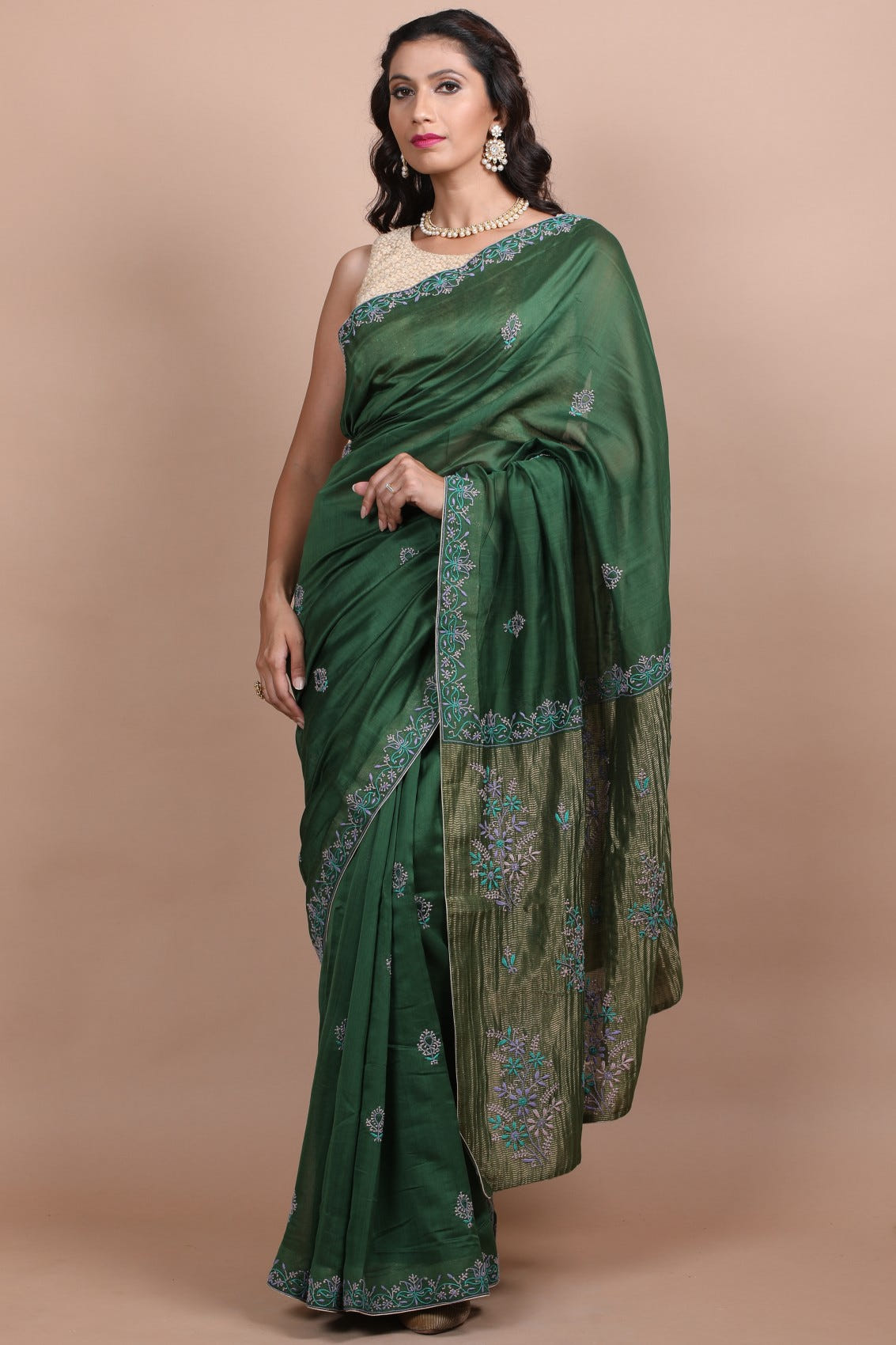 Ada Hand Embroidered Juniper Green Chanderi Lucknowi Chikankari Saree With Blouse A105790